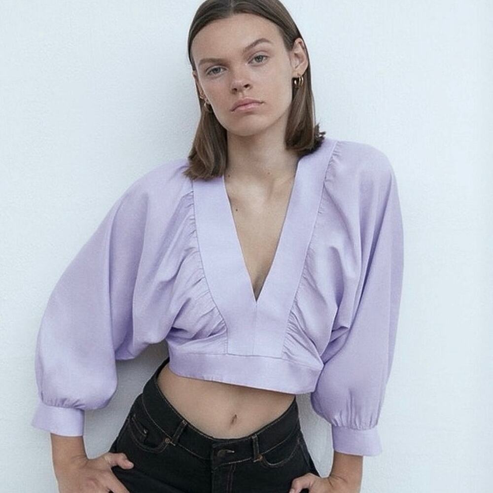Zara Purple Linen Deep V-Neck 3/4 Balloon Sleeve Boxy Cropped Top Blouse Size S